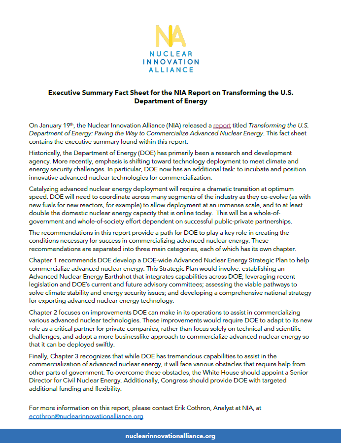 Executive Summary for the NIA Report on Transforming the U.S. DOE